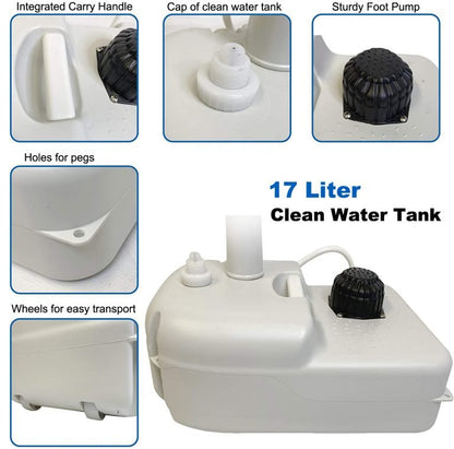 “Portable outdoor sink with foot pump and soap dispenser”

“Camping sink with 19L tank and wheels for transport”

“Foot-operated hand washing station for outdoor use”

“Self-contained camping sink system for hygiene and sanitation”

“Mobile sink with carry handle, water tank, and foot pedal”