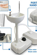 “Portable outdoor sink with foot pump and soap dispenser”

“Camping sink with 19L tank and wheels for transport”

“Foot-operated hand washing station for outdoor use”

“Self-contained camping sink system for hygiene and sanitation”

“Mobile sink with carry handle, water tank, and foot pedal”