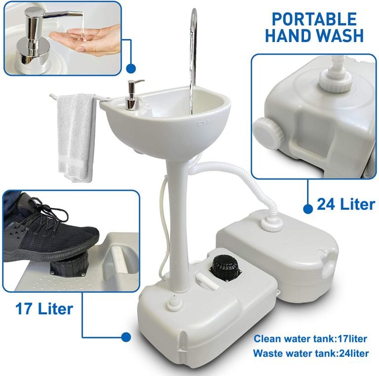 “Portable outdoor sink with foot pump and soap dispenser”

“Camping sink with 19L tank and wheels for transport”

“Foot-operated hand washing station for outdoor use”

“Self-contained camping sink system for hygiene and sanitation”

“Mobile sink with carry handle, water tank, and foot pedal”