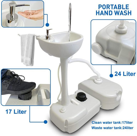 “Portable outdoor sink with foot pump and soap dispenser”

“Camping sink with 19L tank and wheels for transport”

“Foot-operated hand washing station for outdoor use”

“Self-contained camping sink system for hygiene and sanitation”

“Mobile sink with carry handle, water tank, and foot pedal”