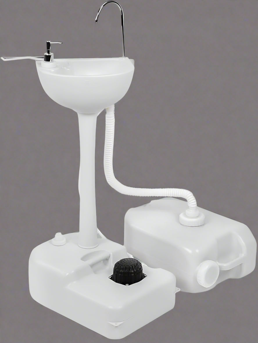 “Portable outdoor sink with foot pump and soap dispenser”

“Camping sink with 19L tank and wheels for transport”

“Foot-operated hand washing station for outdoor use”

“Self-contained camping sink system for hygiene and sanitation”

“Mobile sink with carry handle, water tank, and foot pedal”