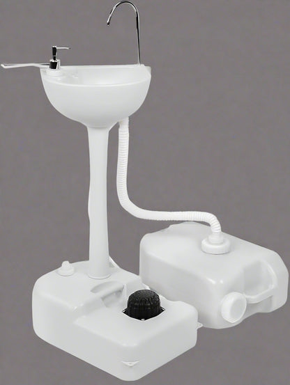 “Portable outdoor sink with foot pump and soap dispenser”

“Camping sink with 19L tank and wheels for transport”

“Foot-operated hand washing station for outdoor use”

“Self-contained camping sink system for hygiene and sanitation”

“Mobile sink with carry handle, water tank, and foot pedal”