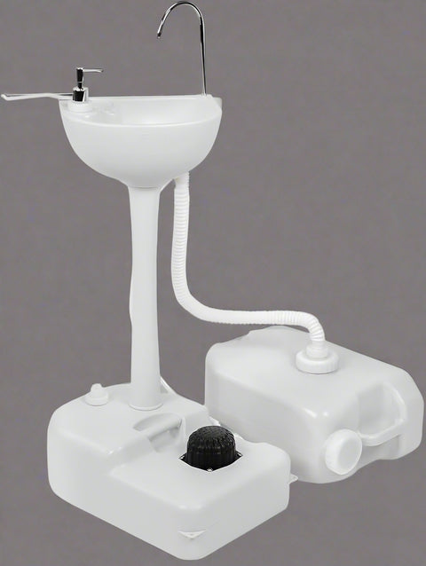 “Portable outdoor sink with foot pump and soap dispenser”

“Camping sink with 19L tank and wheels for transport”

“Foot-operated hand washing station for outdoor use”

“Self-contained camping sink system for hygiene and sanitation”

“Mobile sink with carry handle, water tank, and foot pedal”