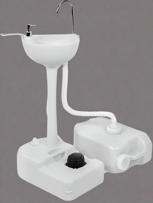 “Portable outdoor sink with foot pump and soap dispenser”

“Camping sink with 19L tank and wheels for transport”

“Foot-operated hand washing station for outdoor use”

“Self-contained camping sink system for hygiene and sanitation”

“Mobile sink with carry handle, water tank, and foot pedal”