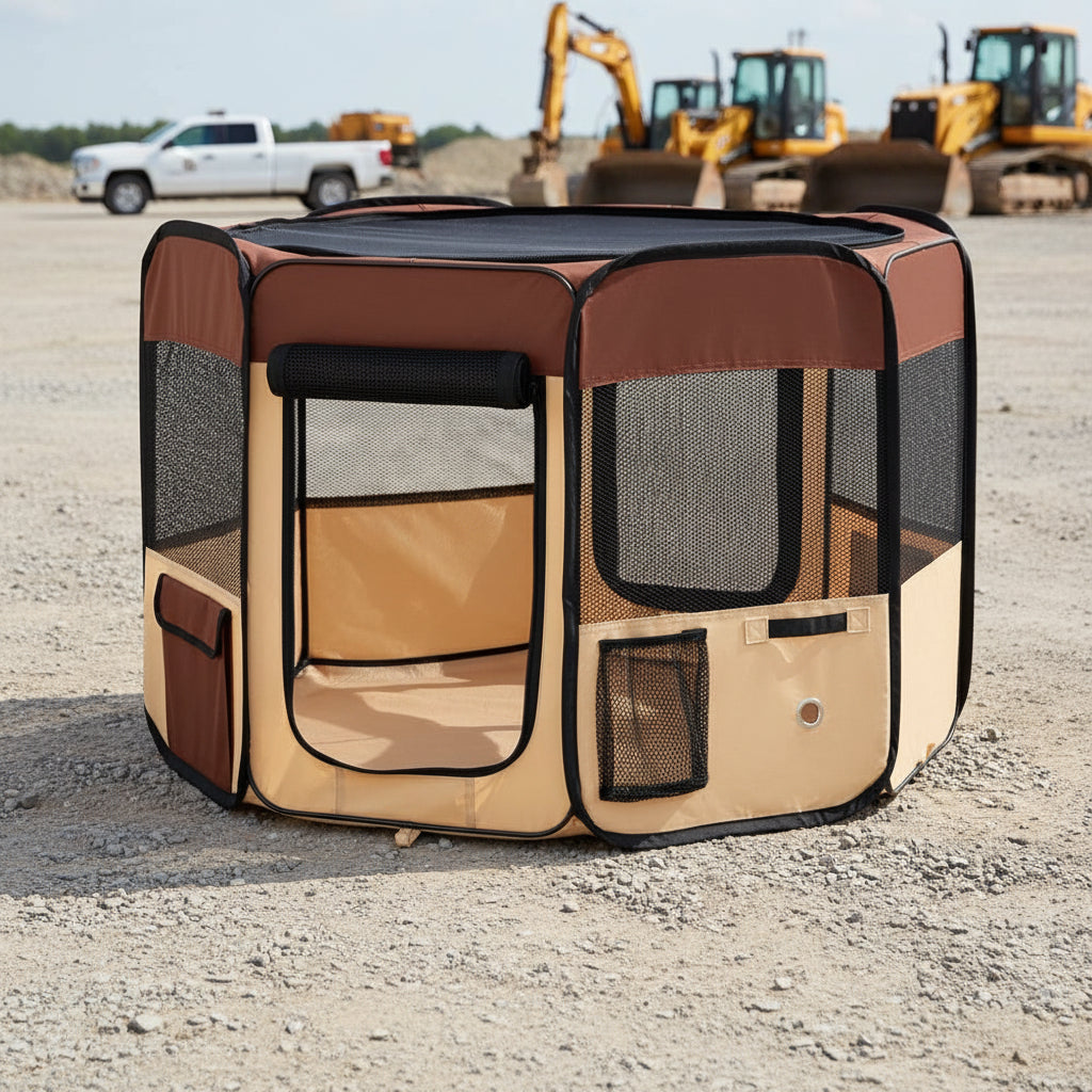 Portable 8-panel pet playpen setup outdoors
Foldable dog and cat kennel with zippered mesh top
Carry case for foldable dog playpen
Reinforced dog playpen with bottle holder and mesh windows
Pet playpen folded flat for travel or storage