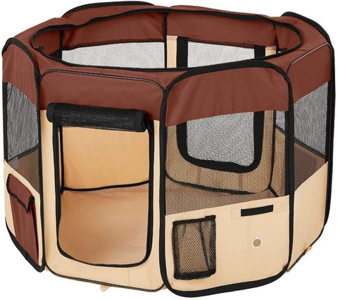 Portable 8-panel pet playpen setup outdoors
Foldable dog and cat kennel with zippered mesh top
Carry case for foldable dog playpen
Reinforced dog playpen with bottle holder and mesh windows
Pet playpen folded flat for travel or storage