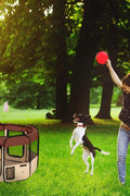 Portable 8-panel pet playpen setup outdoors
Foldable dog and cat kennel with zippered mesh top
Carry case for foldable dog playpen
Reinforced dog playpen with bottle holder and mesh windows
Pet playpen folded flat for travel or storage