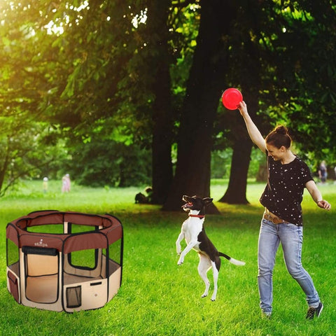 Portable 8-panel pet playpen setup outdoors
Foldable dog and cat kennel with zippered mesh top
Carry case for foldable dog playpen
Reinforced dog playpen with bottle holder and mesh windows
Pet playpen folded flat for travel or storage