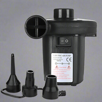 Portable electric air pump with 3 nozzle attachments
Quick fill air pump for air mattress and inflatables
Dual power inflator deflator with AC and car adapter