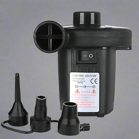 Portable electric air pump with 3 nozzle attachments
Quick fill air pump for air mattress and inflatables
Dual power inflator deflator with AC and car adapter