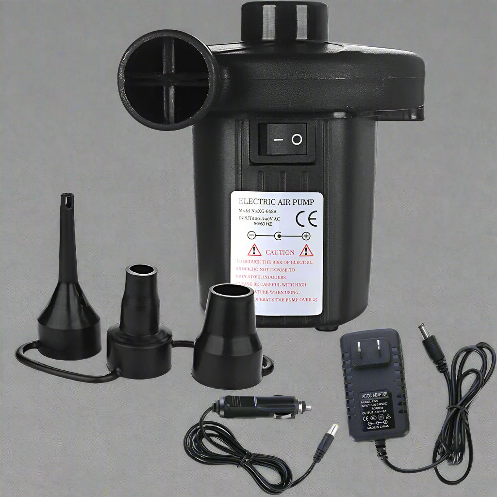 Portable electric air pump with 3 nozzle attachments
Quick fill air pump for air mattress and inflatables
Dual power inflator deflator with AC and car adapter