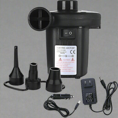 Portable electric air pump with 3 nozzle attachments
Quick fill air pump for air mattress and inflatables
Dual power inflator deflator with AC and car adapter