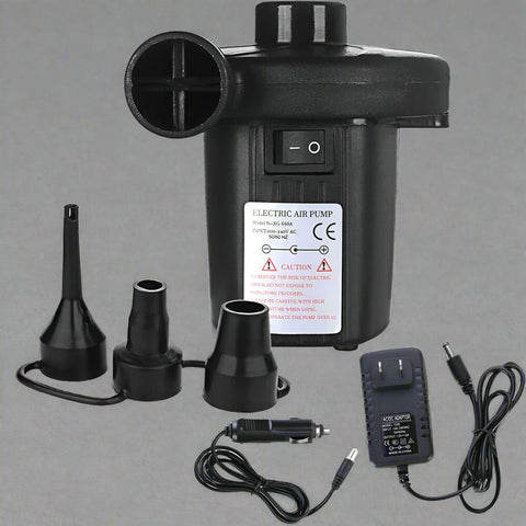 Portable electric air pump with 3 nozzle attachments
Quick fill air pump for air mattress and inflatables
Dual power inflator deflator with AC and car adapter
