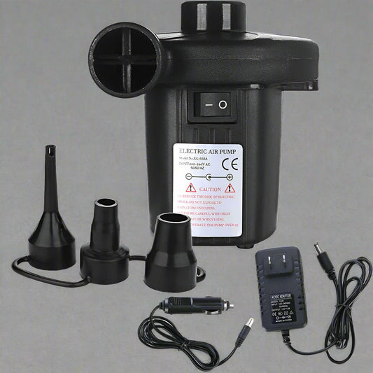 Portable electric air pump with 3 nozzle attachments
Quick fill air pump for air mattress and inflatables
Dual power inflator deflator with AC and car adapter