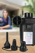 Portable electric air pump with 3 nozzle attachments
Quick fill air pump for air mattress and inflatables
Dual power inflator deflator with AC and car adapter