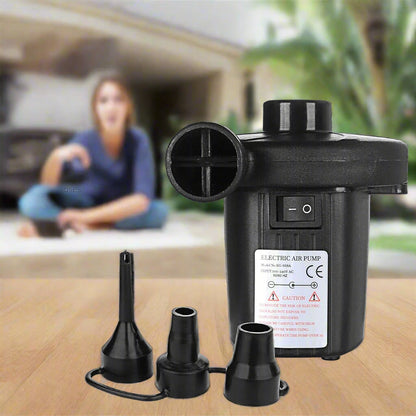 Portable electric air pump with 3 nozzle attachments
Quick fill air pump for air mattress and inflatables
Dual power inflator deflator with AC and car adapter
