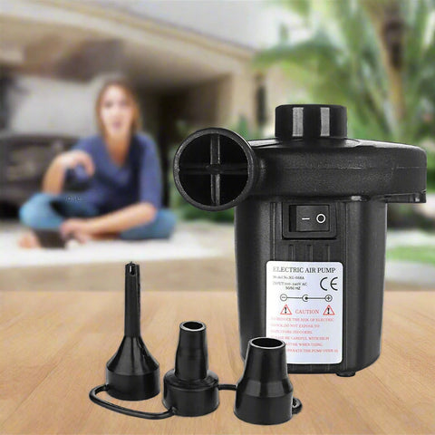 Portable electric air pump with 3 nozzle attachments
Quick fill air pump for air mattress and inflatables
Dual power inflator deflator with AC and car adapter