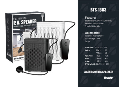 “Rechargeable Bluetooth speaker with belt clip and mic”

“Portable PA speaker system for teachers and coaches”

“BTS1383 speaker with USB, TF card, and FM radio”

“Hands-free mic and speaker combo with clip-on design”

“Public speaking portable audio amplifier with LED display”