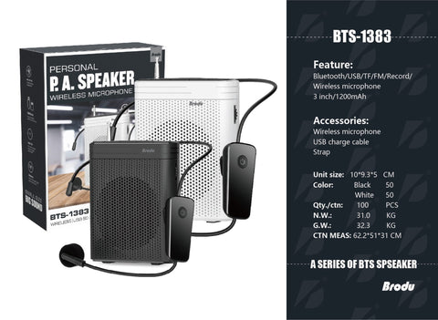 “Rechargeable Bluetooth speaker with belt clip and mic”

“Portable PA speaker system for teachers and coaches”

“BTS1383 speaker with USB, TF card, and FM radio”

“Hands-free mic and speaker combo with clip-on design”

“Public speaking portable audio amplifier with LED display”