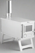 Compact outdoor tent stove with collapsible legs and pipe attachment

