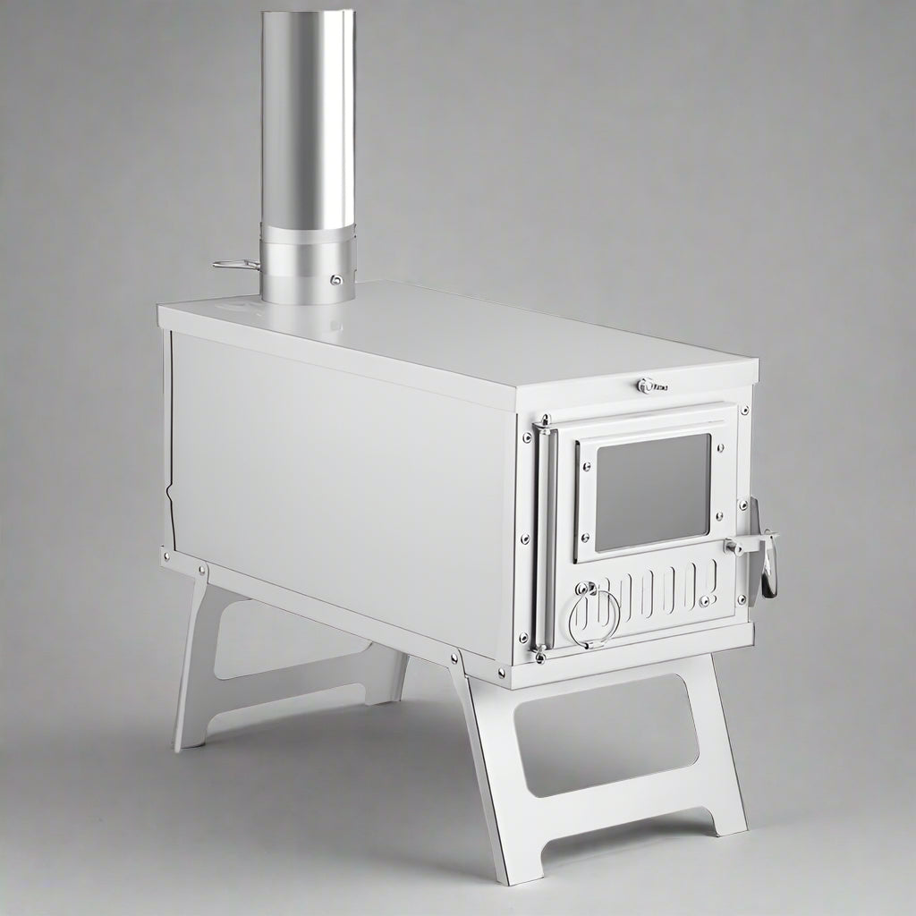 Compact outdoor tent stove with collapsible legs and pipe attachment

