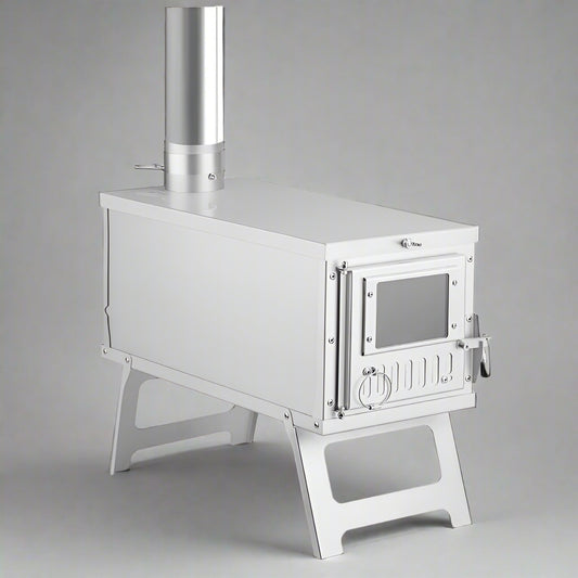Compact outdoor tent stove with collapsible legs and pipe attachment

