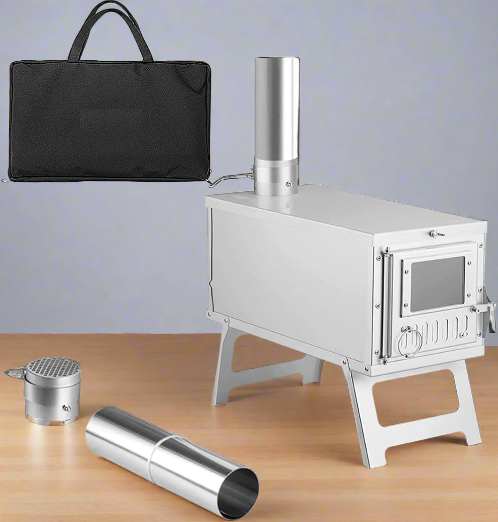 Portable stainless steel wood burning camp stove with chimney and carry bag

