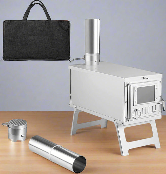 Portable stainless steel wood burning camp stove with chimney and carry bag

