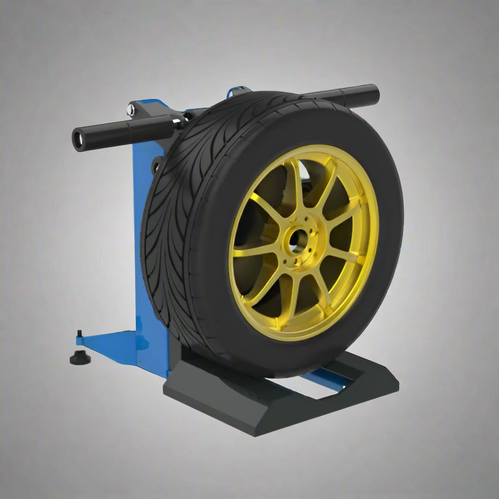 Portable pneumatic tire lift for 150 lb wheels

Side view of tire lifting tool with foot pedal

Adjustable height wheel lift tool for garages

Tire shop equipment with pneumatic assist

Red and black tire wheel lifter for mechanics