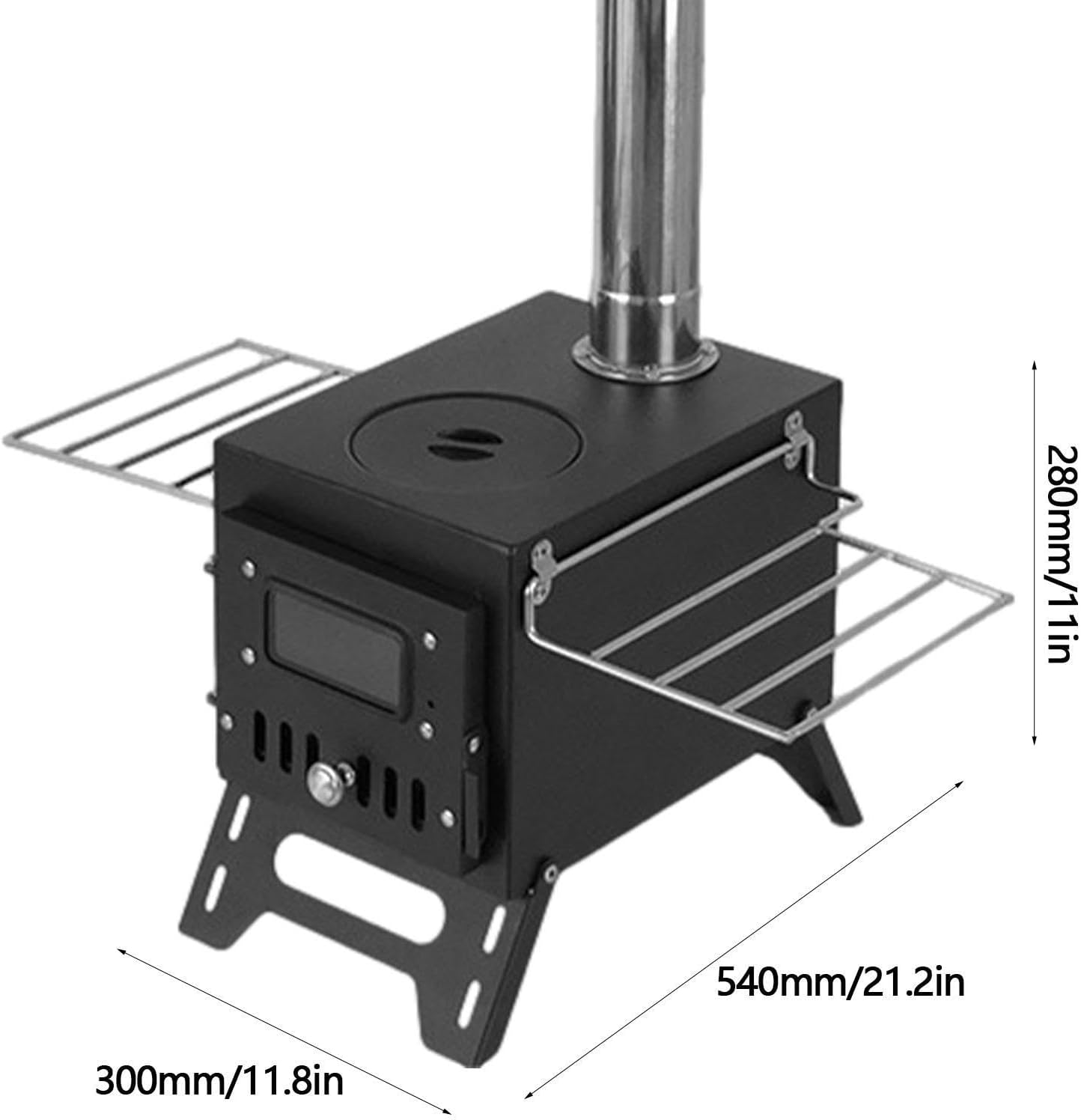Portable wood burning stove for tent heating

Compact camp heater with chimney pipe

Foldable wood stove with cooking surface

Outdoor tent stove heating in camping setup

Stainless steel wood-burning camping heater