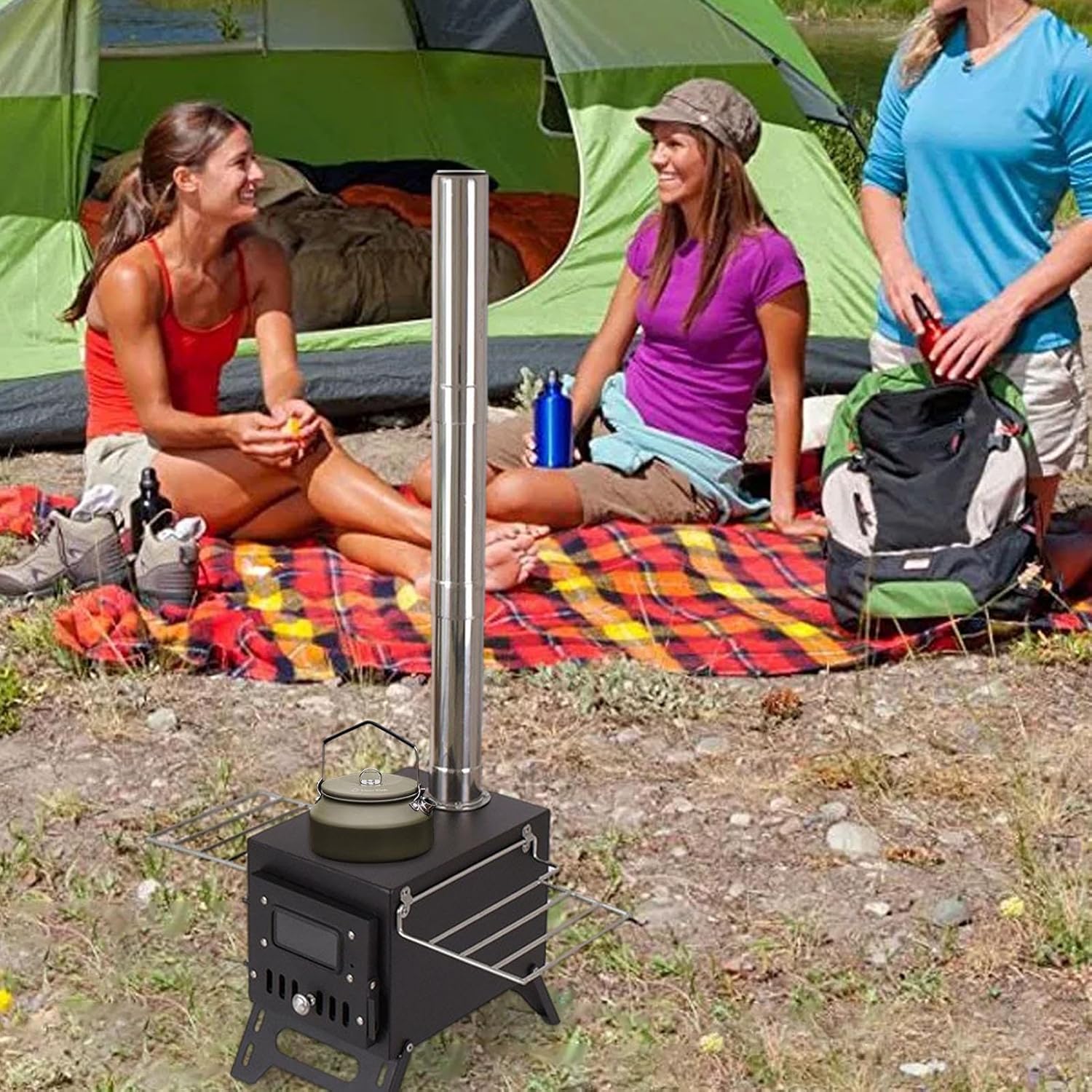 Portable wood burning stove for tent heating

Compact camp heater with chimney pipe

Foldable wood stove with cooking surface

Outdoor tent stove heating in camping setup

Stainless steel wood-burning camping heater