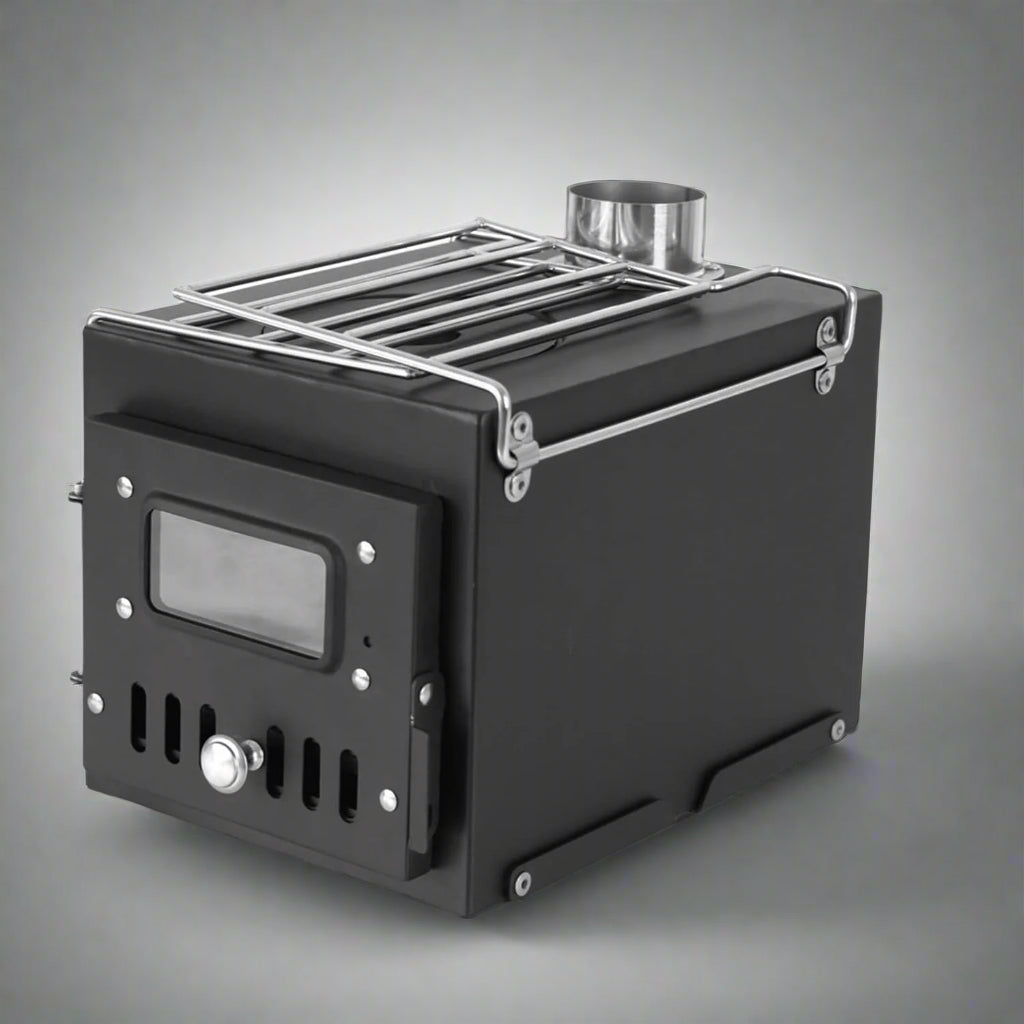 Portable wood burning stove for tent heating

Compact camp heater with chimney pipe

Foldable wood stove with cooking surface

Outdoor tent stove heating in camping setup

Stainless steel wood-burning camping heater