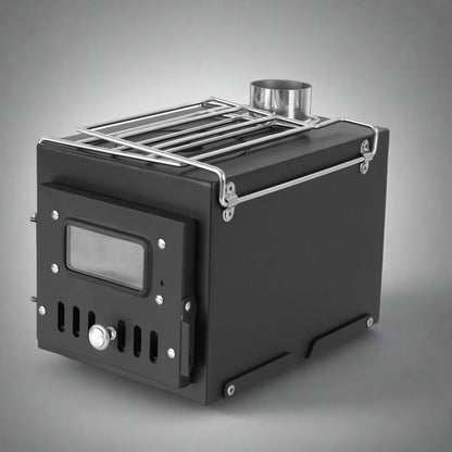 Portable wood burning stove for tent heating

Compact camp heater with chimney pipe

Foldable wood stove with cooking surface

Outdoor tent stove heating in camping setup

Stainless steel wood-burning camping heater