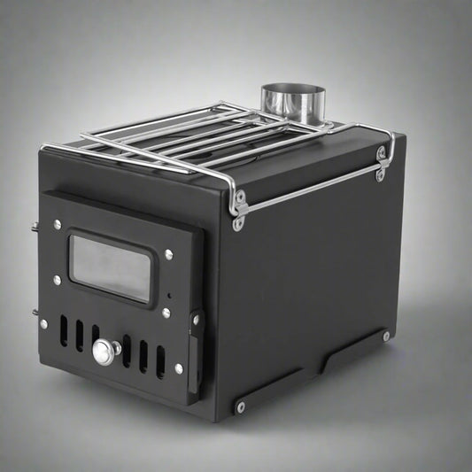 Portable wood burning stove for tent heating

Compact camp heater with chimney pipe

Foldable wood stove with cooking surface

Outdoor tent stove heating in camping setup

Stainless steel wood-burning camping heater