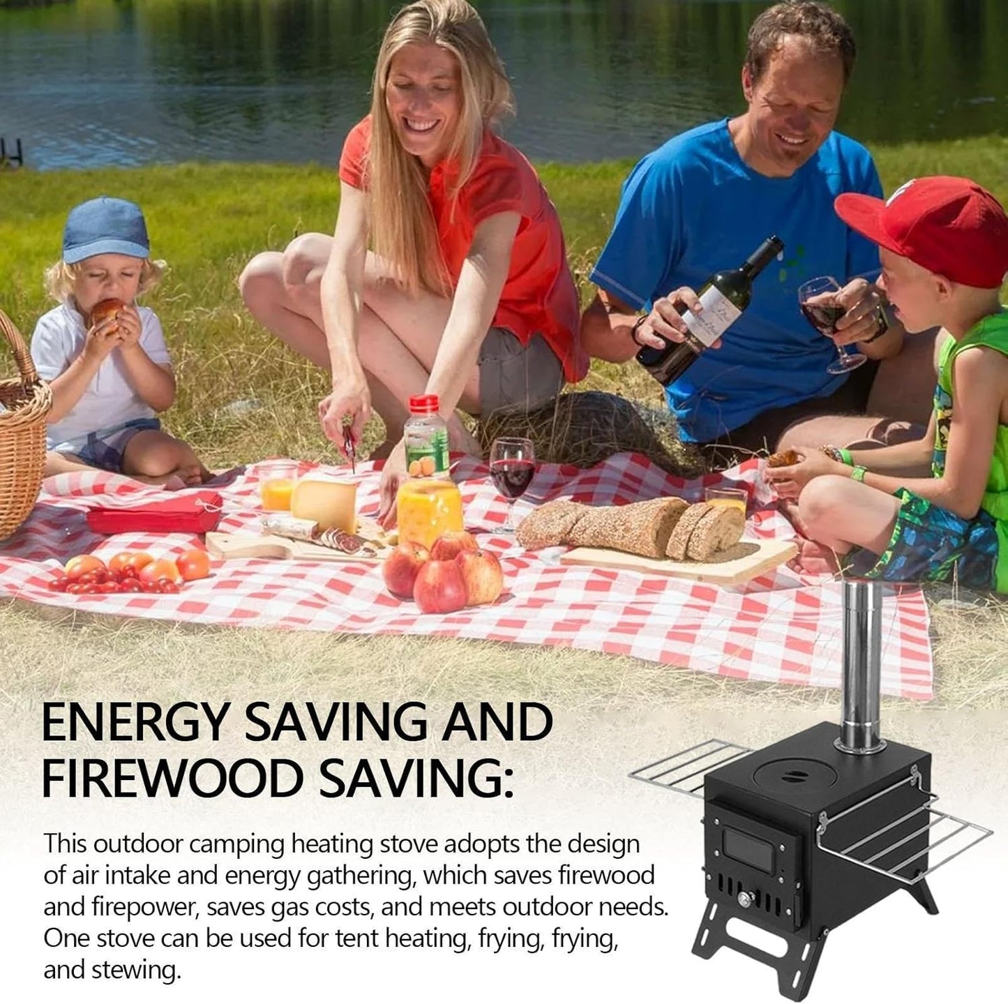 Portable wood burning stove for tent heating

Compact camp heater with chimney pipe

Foldable wood stove with cooking surface

Outdoor tent stove heating in camping setup

Stainless steel wood-burning camping heater