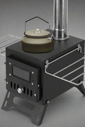 Portable wood burning stove for tent heating

Compact camp heater with chimney pipe

Foldable wood stove with cooking surface

Outdoor tent stove heating in camping setup

Stainless steel wood-burning camping heater