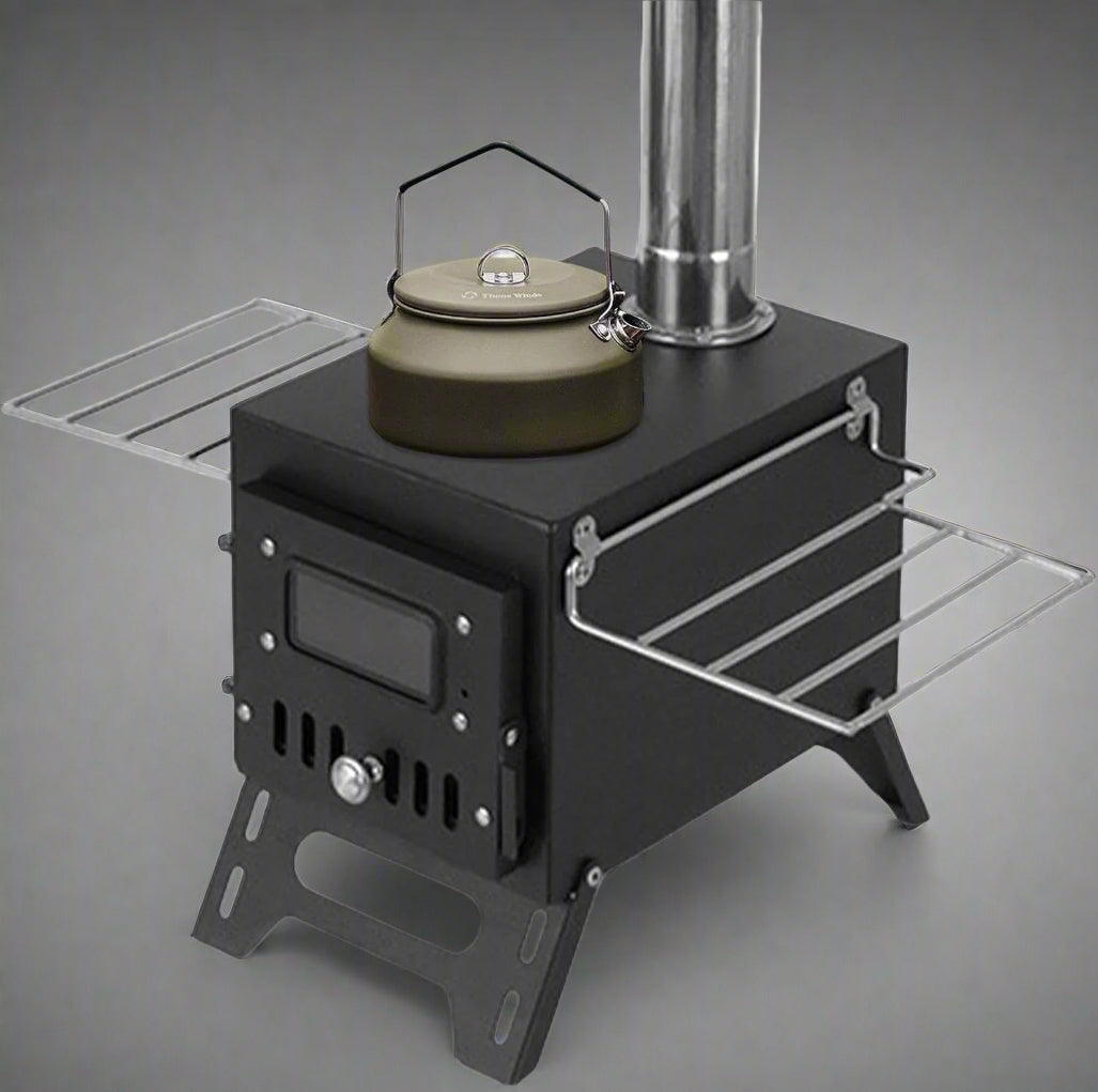 Portable wood burning stove for tent heating

Compact camp heater with chimney pipe

Foldable wood stove with cooking surface

Outdoor tent stove heating in camping setup

Stainless steel wood-burning camping heater