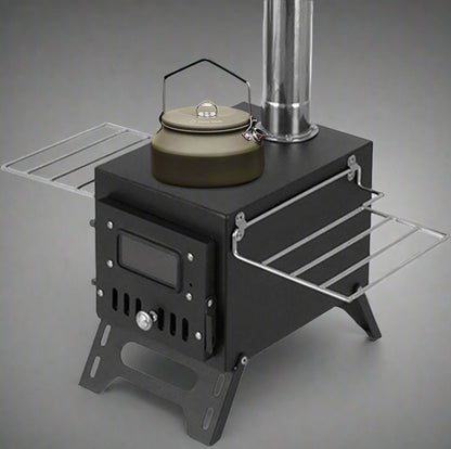 Portable wood burning stove for tent heating

Compact camp heater with chimney pipe

Foldable wood stove with cooking surface

Outdoor tent stove heating in camping setup

Stainless steel wood-burning camping heater