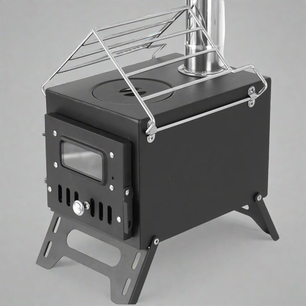 Portable wood burning stove for tent heating

Compact camp heater with chimney pipe

Foldable wood stove with cooking surface

Outdoor tent stove heating in camping setup

Stainless steel wood-burning camping heater
