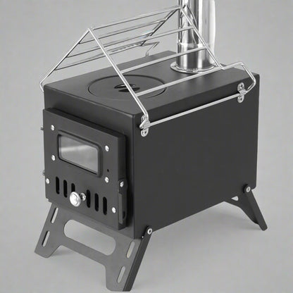 Portable wood burning stove for tent heating

Compact camp heater with chimney pipe

Foldable wood stove with cooking surface

Outdoor tent stove heating in camping setup

Stainless steel wood-burning camping heater
