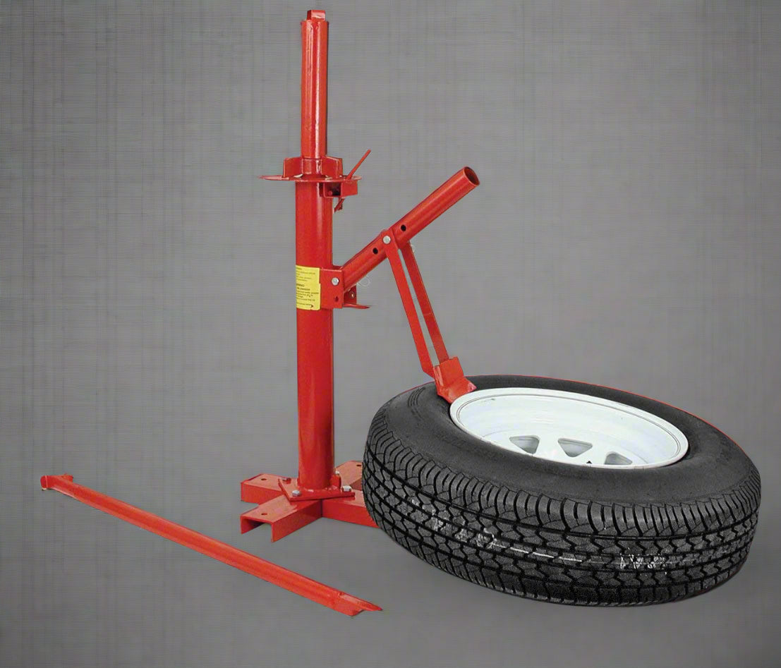 PowerLift manual tire changer with red base and tire mounting arm

portable tire changing tool for DIY and workshop use

manual tire demounting stand for small tires and rims