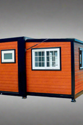 Exterior view of 2-bedroom deluxe folding house

Modern prefabricated orange modular home

Inside view of compact folding prefab unit

Kitchen area with electric setup in prefab home

Folding house with porch roof kit variant