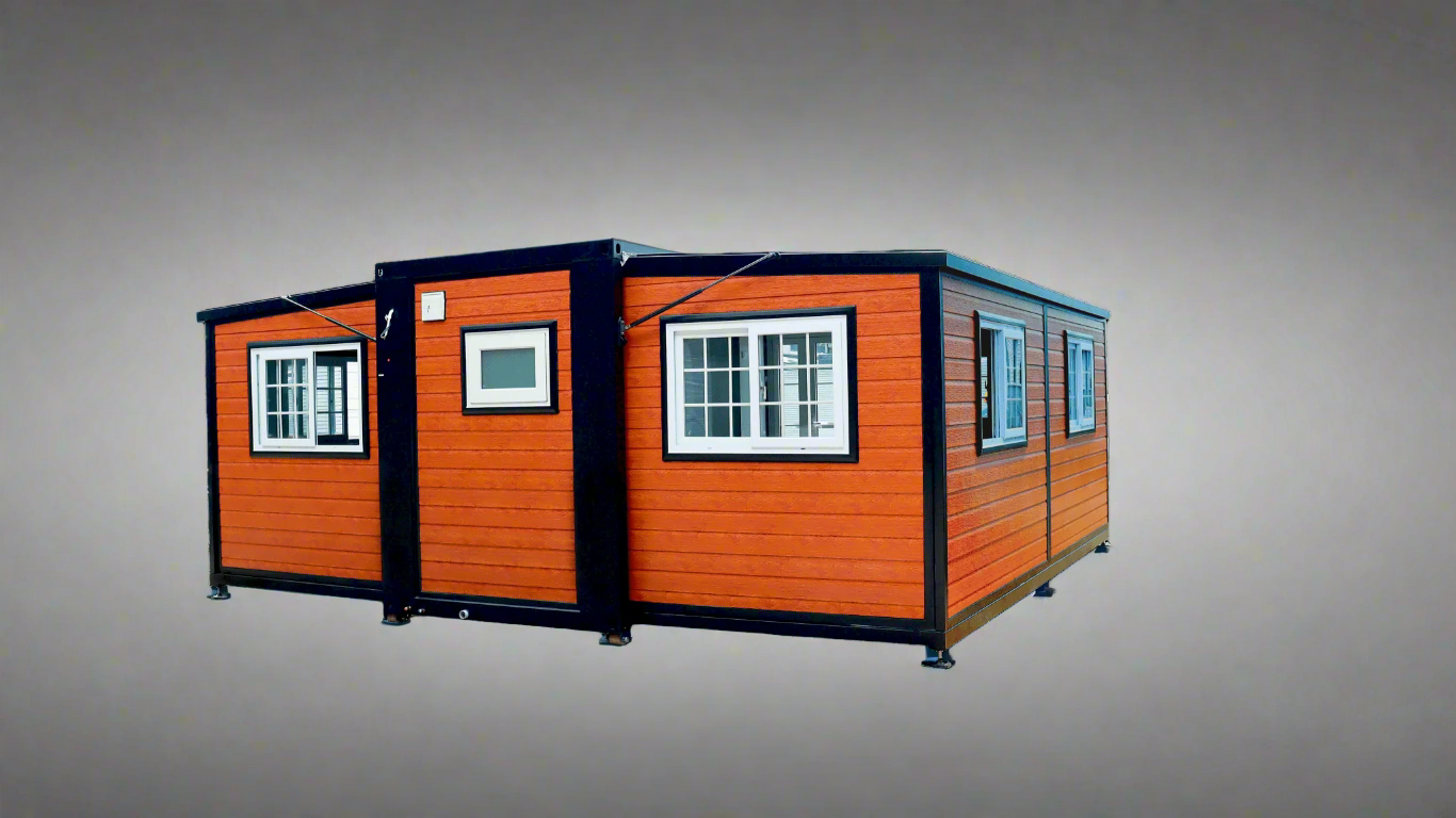 Exterior view of 2-bedroom deluxe folding house

Modern prefabricated orange modular home

Inside view of compact folding prefab unit

Kitchen area with electric setup in prefab home

Folding house with porch roof kit variant