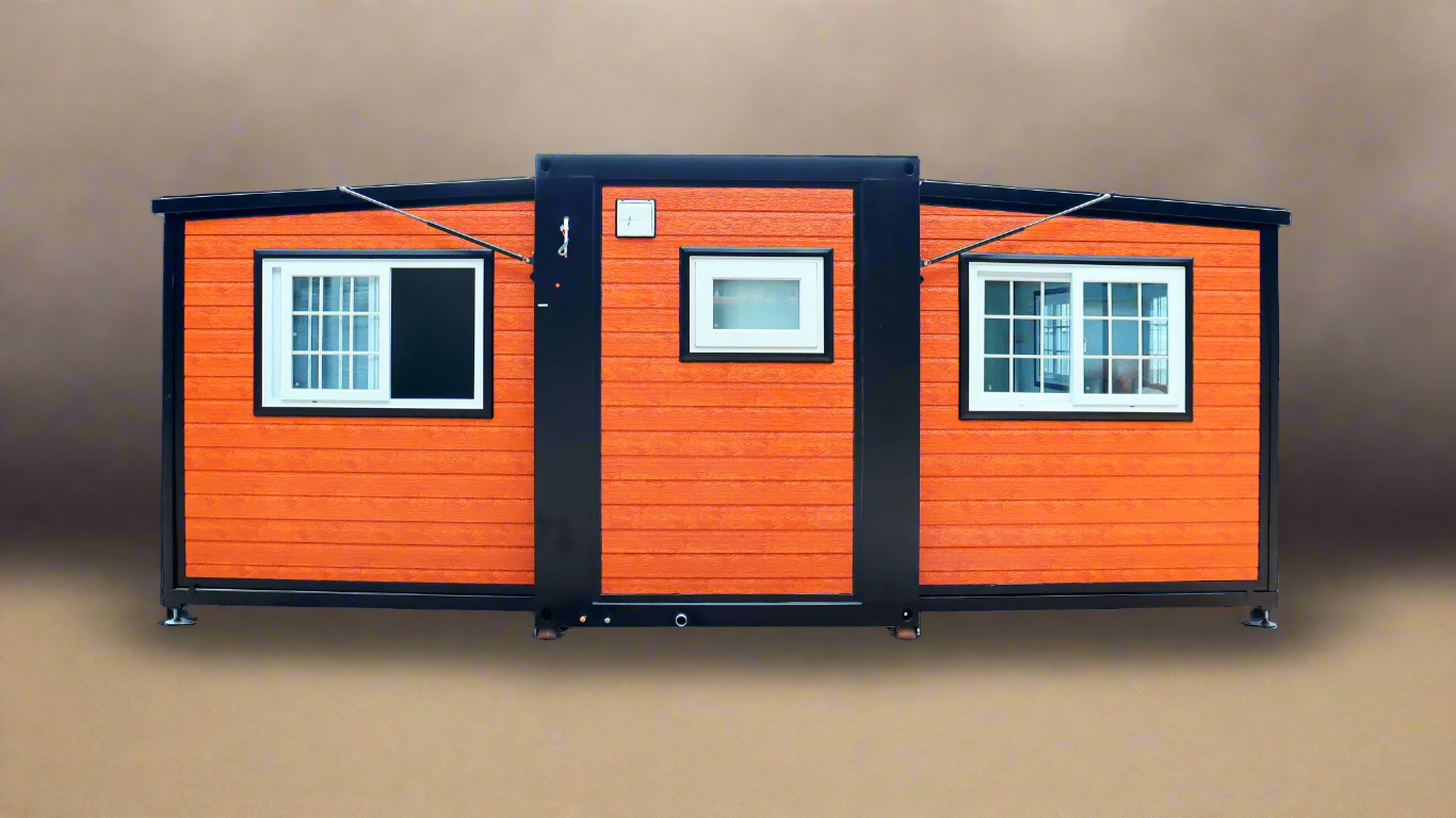 Exterior view of 2-bedroom deluxe folding house

Modern prefabricated orange modular home

Inside view of compact folding prefab unit

Kitchen area with electric setup in prefab home

Folding house with porch roof kit variant