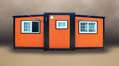 Exterior view of 2-bedroom deluxe folding house

Modern prefabricated orange modular home

Inside view of compact folding prefab unit

Kitchen area with electric setup in prefab home

Folding house with porch roof kit variant