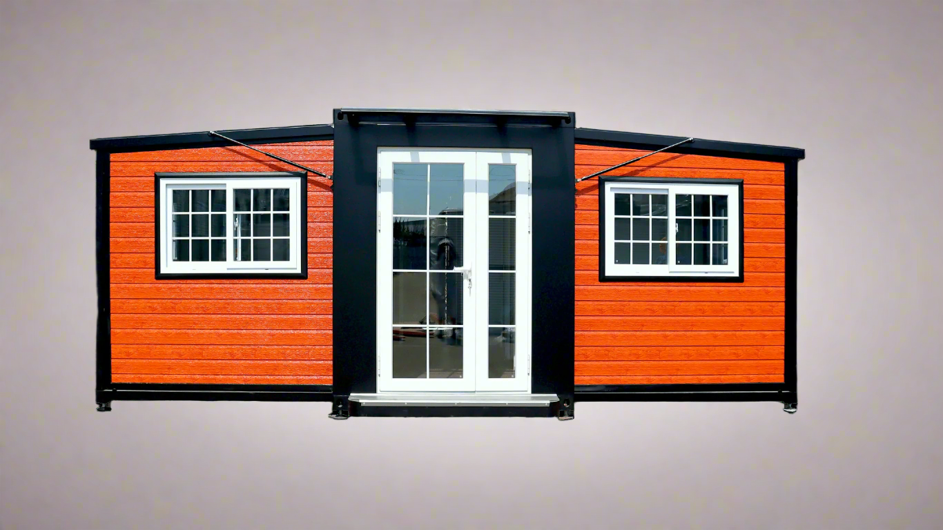 Exterior view of 2-bedroom deluxe folding house

Modern prefabricated orange modular home

Inside view of compact folding prefab unit

Kitchen area with electric setup in prefab home

Folding house with porch roof kit variant