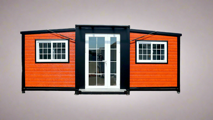 Exterior view of 2-bedroom deluxe folding house

Modern prefabricated orange modular home

Inside view of compact folding prefab unit

Kitchen area with electric setup in prefab home

Folding house with porch roof kit variant