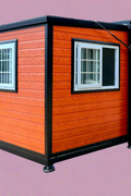 Exterior view of 2-bedroom deluxe folding house

Modern prefabricated orange modular home

Inside view of compact folding prefab unit

Kitchen area with electric setup in prefab home

Folding house with porch roof kit variant