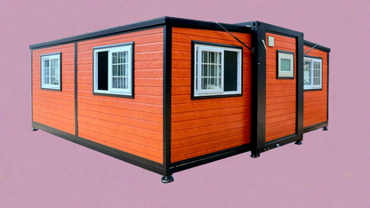 Exterior view of 2-bedroom deluxe folding house

Modern prefabricated orange modular home

Inside view of compact folding prefab unit

Kitchen area with electric setup in prefab home

Folding house with porch roof kit variant