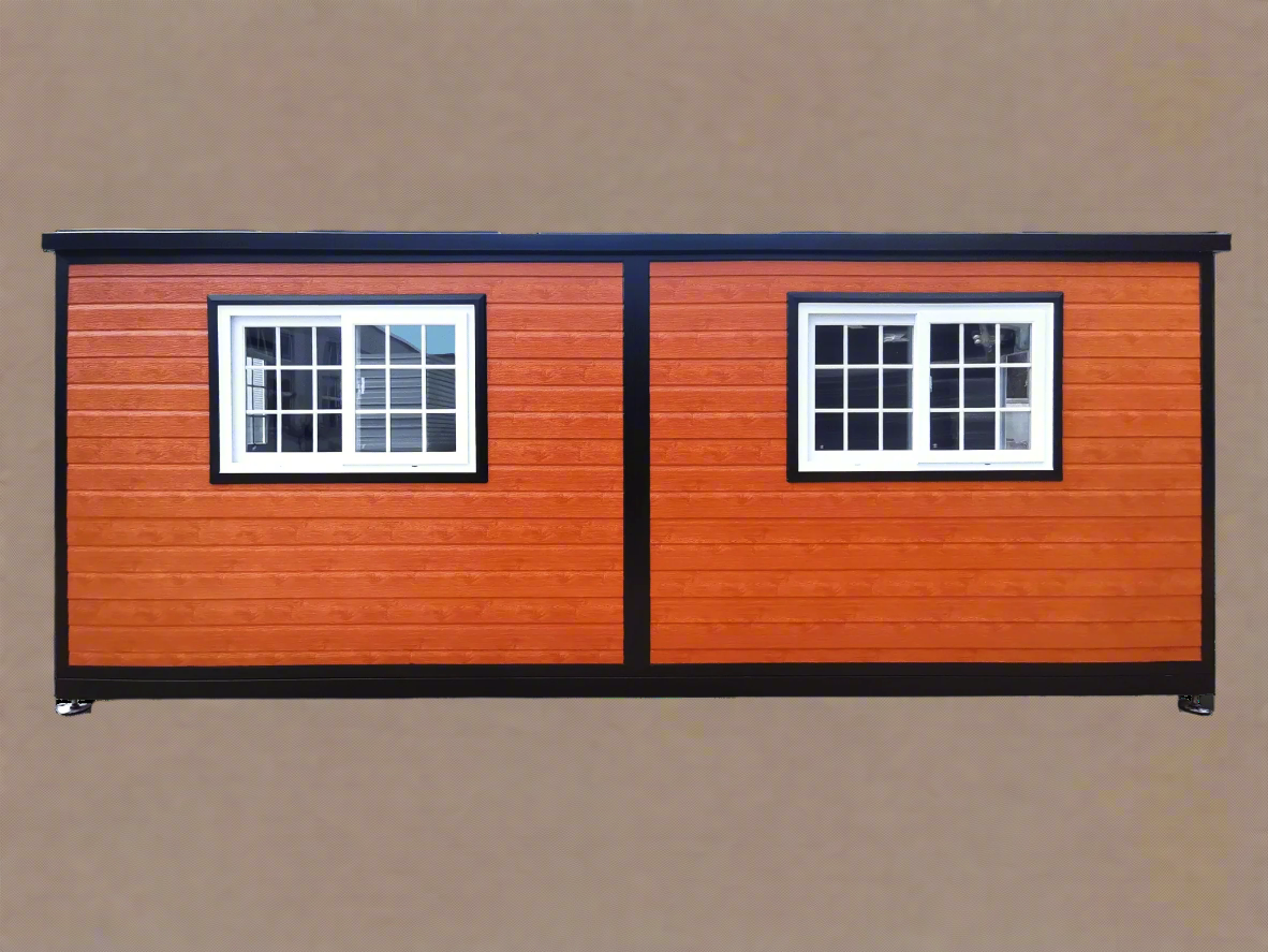 Exterior view of 2-bedroom deluxe folding house

Modern prefabricated orange modular home

Inside view of compact folding prefab unit

Kitchen area with electric setup in prefab home

Folding house with porch roof kit variant